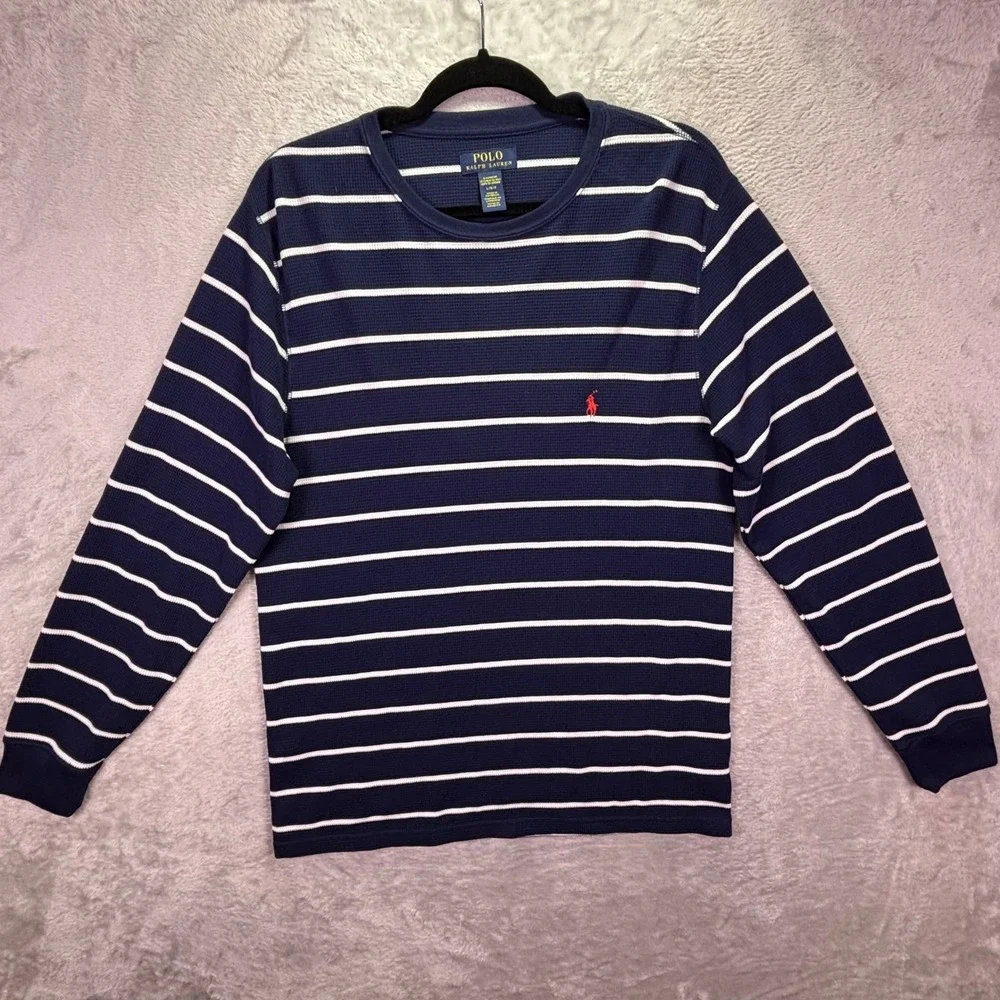 Polo Ralph Lauren Mens Sleepwear Sz Large Navy Blue White Striped Thermal Shirt